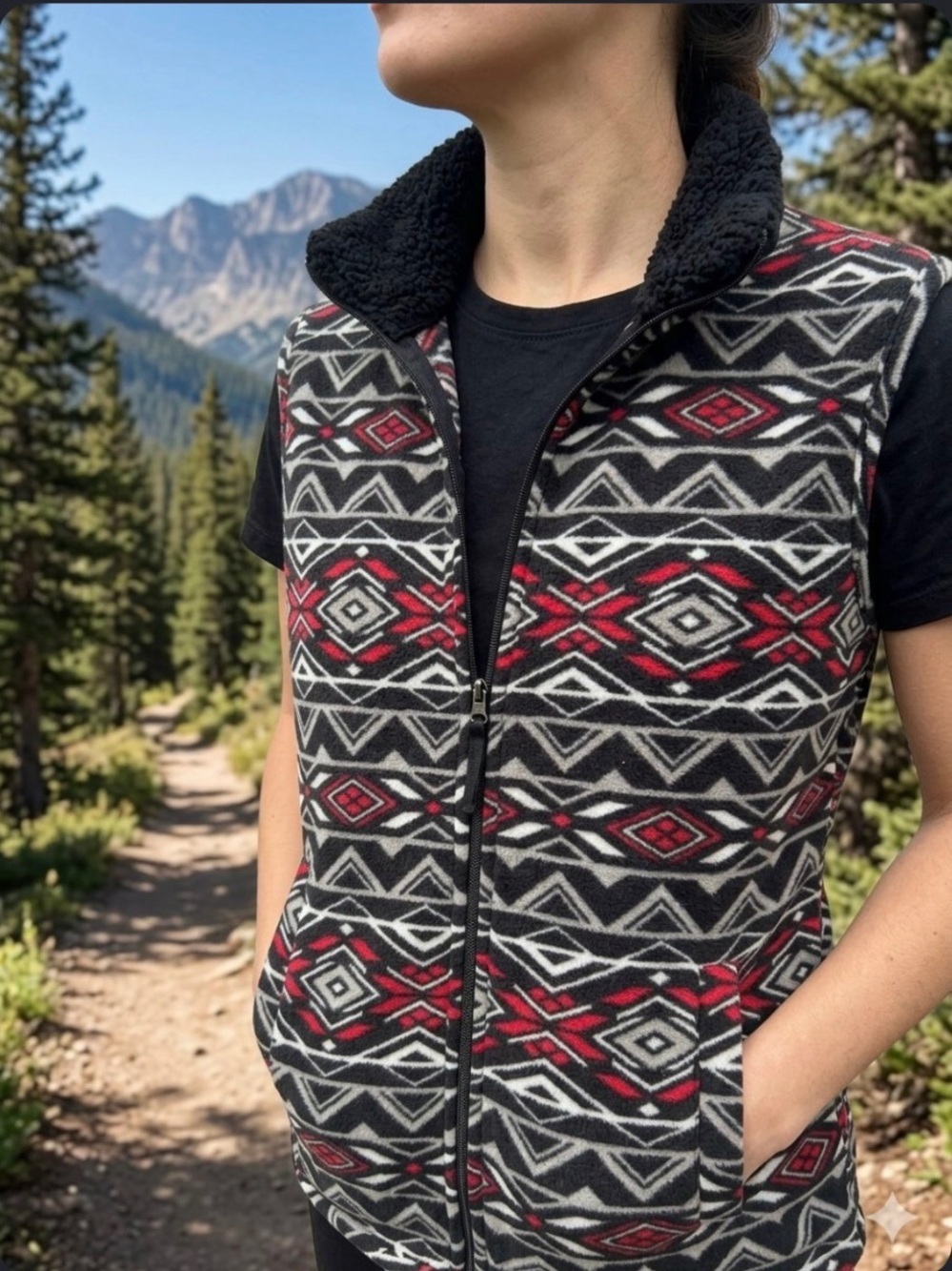 Jane Ashley Black, Gray & Red Geometric Fleece Vest